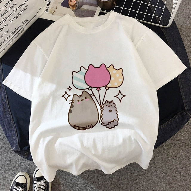 Kawaii Fat cat t shirt women 2019 New summer cute fashion Short Sleeve t-shirt White Thin section Hipster Tshirt Tops clothing