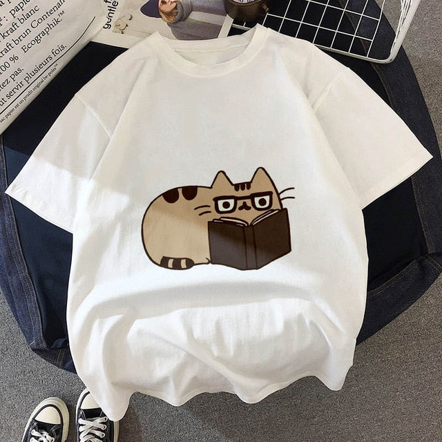 Kawaii Fat cat t shirt women 2019 New summer cute fashion Short Sleeve t-shirt White Thin section Hipster Tshirt Tops clothing