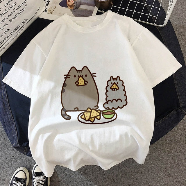 Kawaii Fat cat t shirt women 2019 New summer cute fashion Short Sleeve t-shirt White Thin section Hipster Tshirt Tops clothing