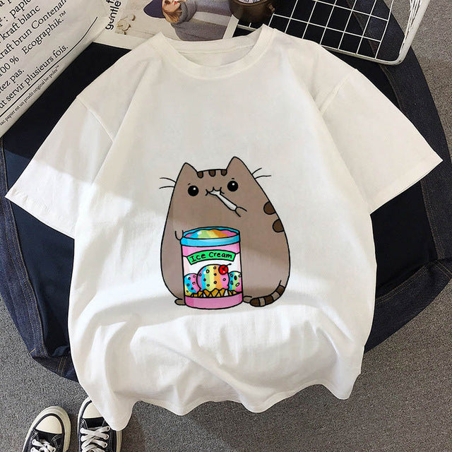 Kawaii Fat cat t shirt women 2019 New summer cute fashion Short Sleeve t-shirt White Thin section Hipster Tshirt Tops clothing