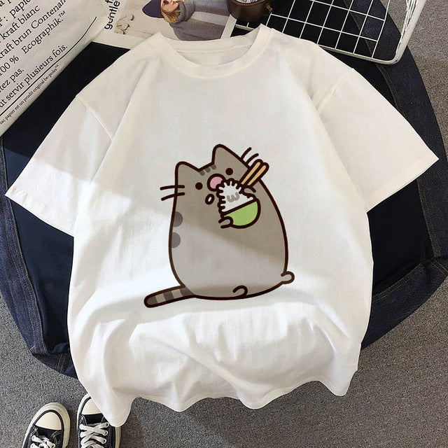 Kawaii Fat cat t shirt women 2019 New summer cute fashion Short Sleeve t-shirt White Thin section Hipster Tshirt Tops clothing