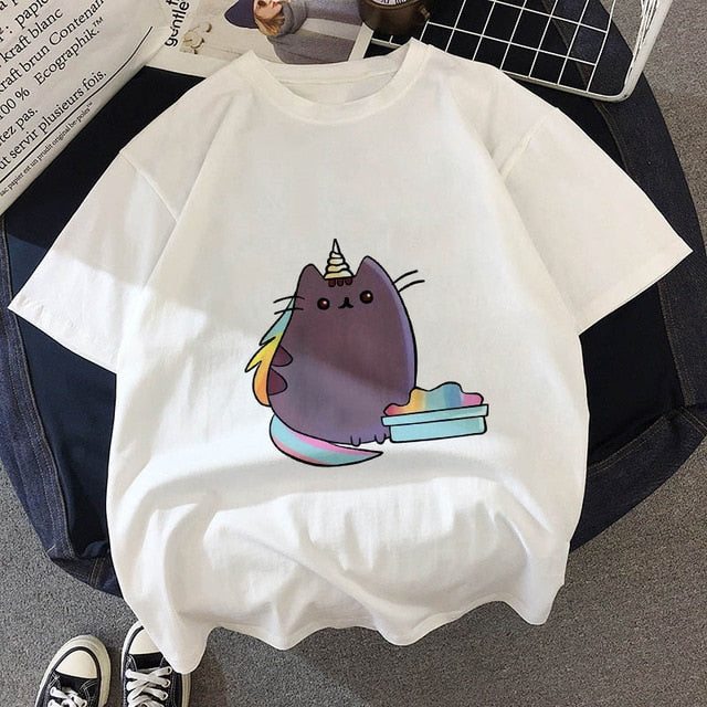 Kawaii Fat cat t shirt women 2019 New summer cute fashion Short Sleeve t-shirt White Thin section Hipster Tshirt Tops clothing