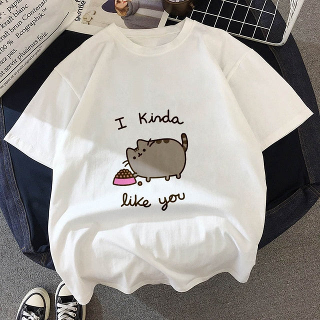 Kawaii Fat cat t shirt women 2019 New summer cute fashion Short Sleeve t-shirt White Thin section Hipster Tshirt Tops clothing