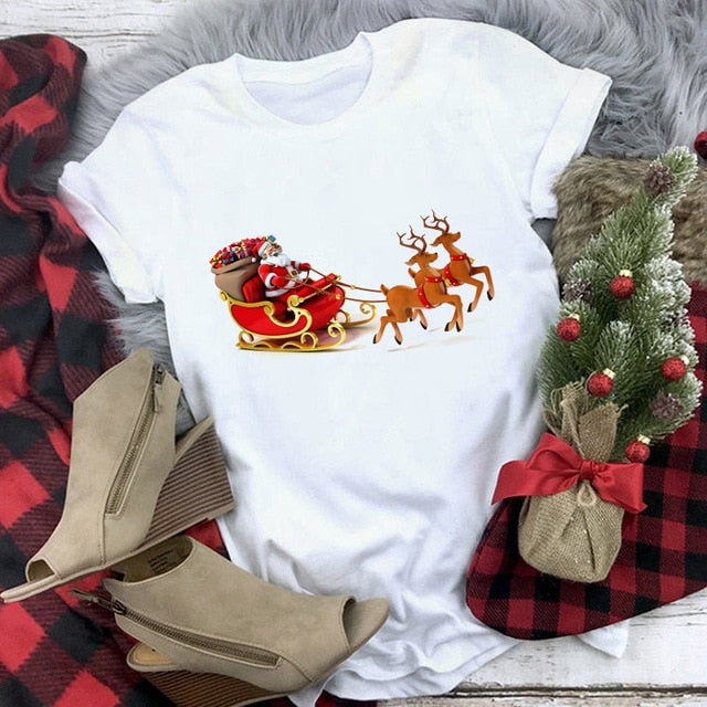 New kawaii reindeer t shirt women fashion Christmas Harajuku Short Sleeve t-shirt White Suitable all seasons Tshirt Tops clothes