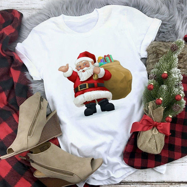 New kawaii reindeer t shirt women fashion Christmas Harajuku Short Sleeve t-shirt White Suitable all seasons Tshirt Tops clothes