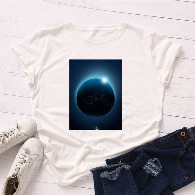 Plus Size S-5XL New Moon Planet Print T Shirt Women Shirts 100% Cotton O Neck Short Sleeve Summer T-Shirt Tops Casual Tshirt