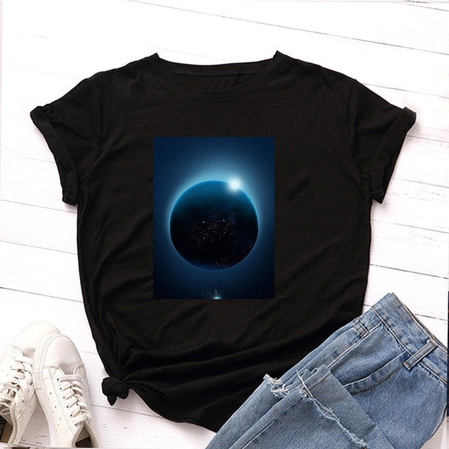 Plus Size S-5XL New Moon Planet Print T Shirt Women Shirts 100% Cotton O Neck Short Sleeve Summer T-Shirt Tops Casual Tshirt