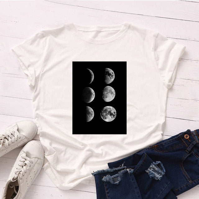 Plus Size S-5XL New Moon Planet Print T Shirt Women Shirts 100% Cotton O Neck Short Sleeve Summer T-Shirt Tops Casual Tshirt