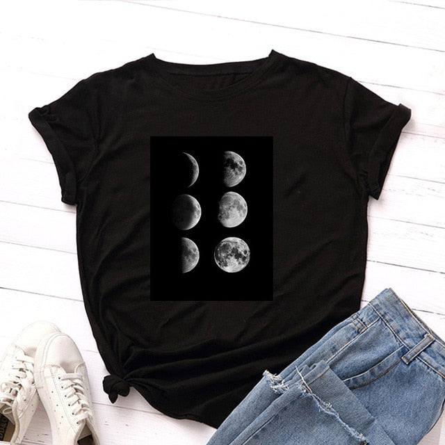 Plus Size S-5XL New Moon Planet Print T Shirt Women Shirts 100% Cotton O Neck Short Sleeve Summer T-Shirt Tops Casual Tshirt