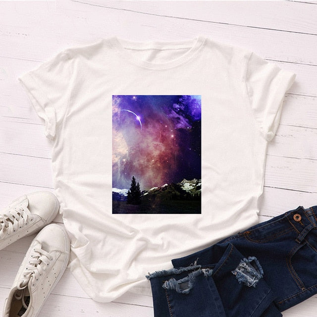 Plus Size S-5XL New Moon Planet Print T Shirt Women Shirts 100% Cotton O Neck Short Sleeve Summer T-Shirt Tops Casual Tshirt