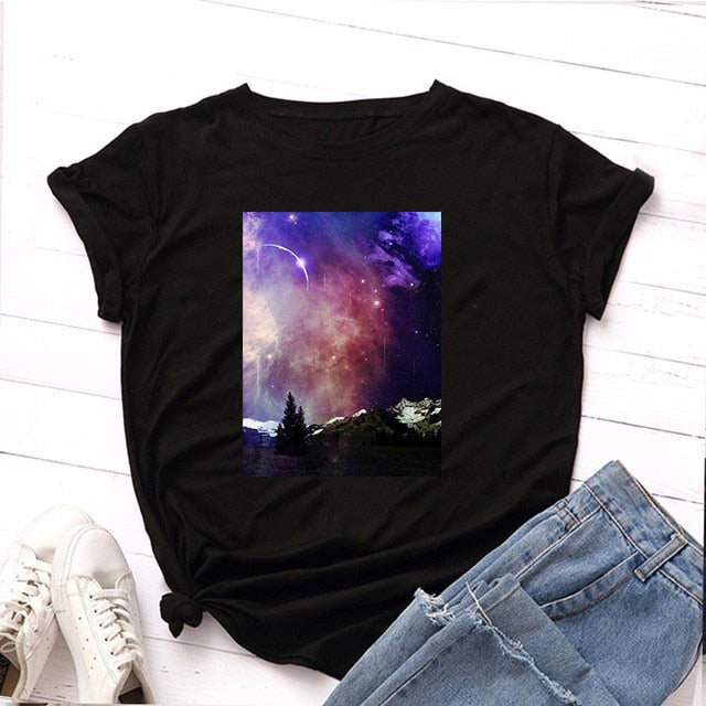 Plus Size S-5XL New Moon Planet Print T Shirt Women Shirts 100% Cotton O Neck Short Sleeve Summer T-Shirt Tops Casual Tshirt
