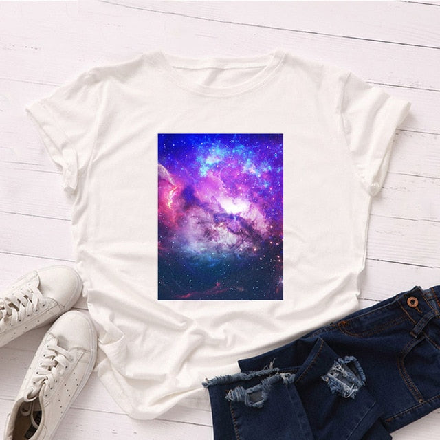 Plus Size S-5XL New Moon Planet Print T Shirt Women Shirts 100% Cotton O Neck Short Sleeve Summer T-Shirt Tops Casual Tshirt