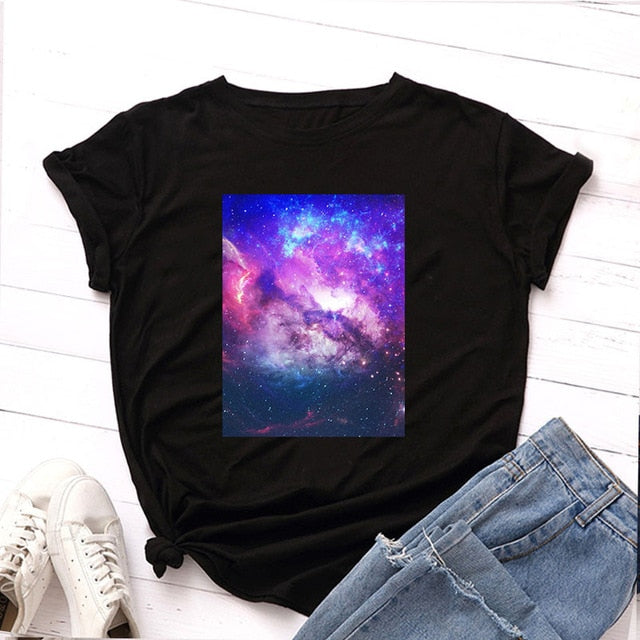 Plus Size S-5XL New Moon Planet Print T Shirt Women Shirts 100% Cotton O Neck Short Sleeve Summer T-Shirt Tops Casual Tshirt