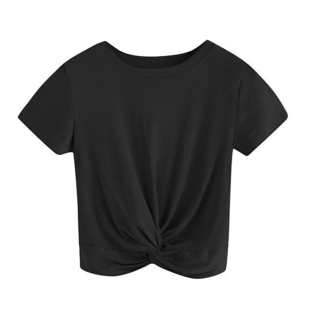 Basic T Shirt Women Casual loose Solid O Neck Short Sleeve Twist Front Crop Tee daily Tshirt Tops poleras mujer футболка женская