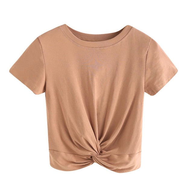 Basic T Shirt Women Casual loose Solid O Neck Short Sleeve Twist Front Crop Tee daily Tshirt Tops poleras mujer футболка женская