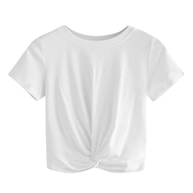 Basic T Shirt Women Casual loose Solid O Neck Short Sleeve Twist Front Crop Tee daily Tshirt Tops poleras mujer футболка женская
