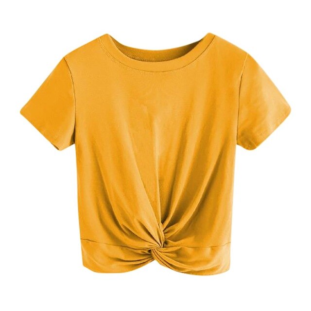 Basic T Shirt Women Casual loose Solid O Neck Short Sleeve Twist Front Crop Tee daily Tshirt Tops poleras mujer футболка женская