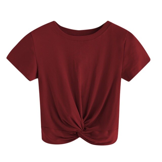 Basic T Shirt Women Casual loose Solid O Neck Short Sleeve Twist Front Crop Tee daily Tshirt Tops poleras mujer футболка женская