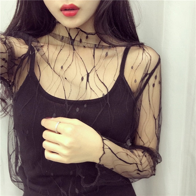 Ruoru Women Sexy Harajuku Mesh Tops Net See Through T Shirt Transparent Undershirt Star Base Top Camisas Femininas Clubwear