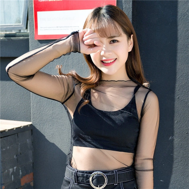 Ruoru Women Sexy Harajuku Mesh Tops Net See Through T Shirt Transparent Undershirt Star Base Top Camisas Femininas Clubwear
