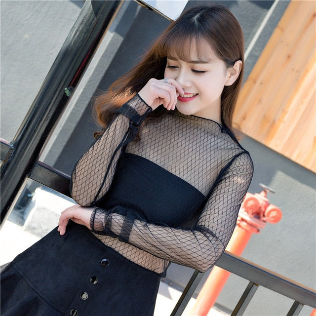 Ruoru Women Sexy Harajuku Mesh Tops Net See Through T Shirt Transparent Undershirt Star Base Top Camisas Femininas Clubwear