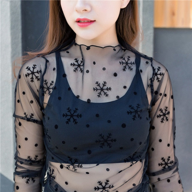 Ruoru Women Sexy Harajuku Mesh Tops Net See Through T Shirt Transparent Undershirt Star Base Top Camisas Femininas Clubwear