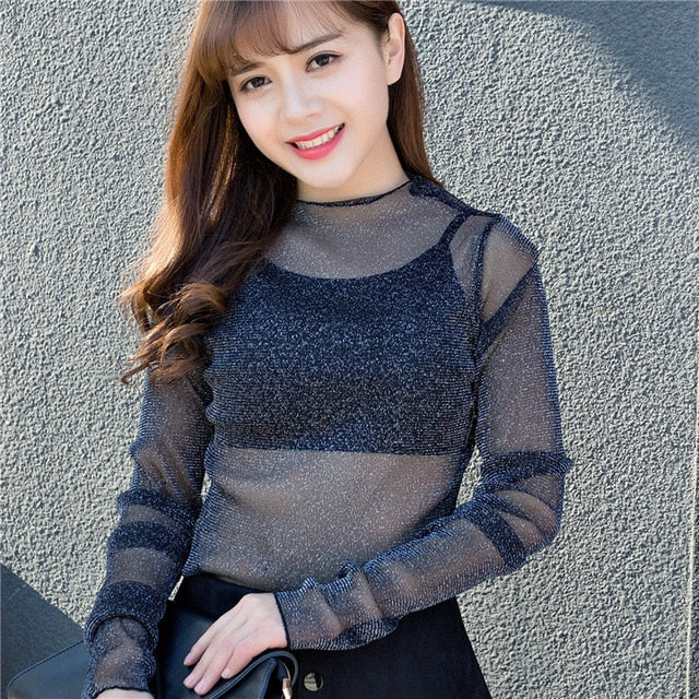 Ruoru Women Sexy Harajuku Mesh Tops Net See Through T Shirt Transparent Undershirt Star Base Top Camisas Femininas Clubwear