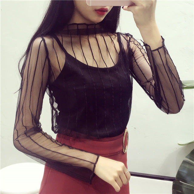 Ruoru Women Sexy Harajuku Mesh Tops Net See Through T Shirt Transparent Undershirt Star Base Top Camisas Femininas Clubwear