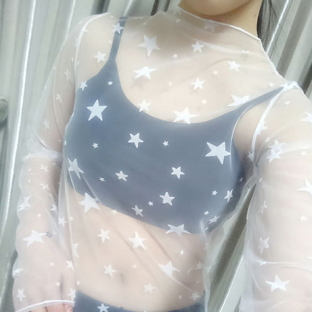 Ruoru Women Sexy Harajuku Mesh Tops Net See Through T Shirt Transparent Undershirt Star Base Top Camisas Femininas Clubwear