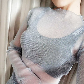 Ruoru Women Sexy Harajuku Mesh Tops Net See Through T Shirt Transparent Undershirt Star Base Top Camisas Femininas Clubwear