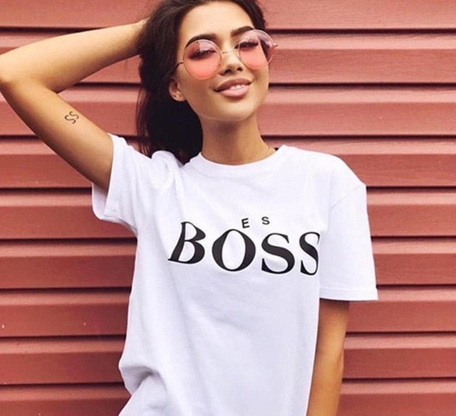 Yes Boss Letter Print T Shirt Women Short Sleeve O Neck Loose Tshirt 2019 Summer Women Tee Shirt Tops Camisetas Mujer