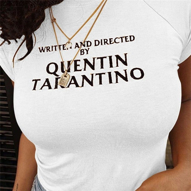 Short Sleeve Cotton T Shirt Women Crop Tops Quentin Tarantino Sexy Crop Tops Woman Yellow T-shirt 90s Tees Black White Tshirt