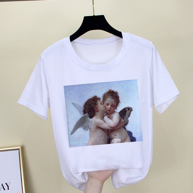Mona Lisa T shirt Women spoof personality fashion Tshirt summer 2019 Harajuku aesthetics Short Sleeve White Tops Female T-shirt