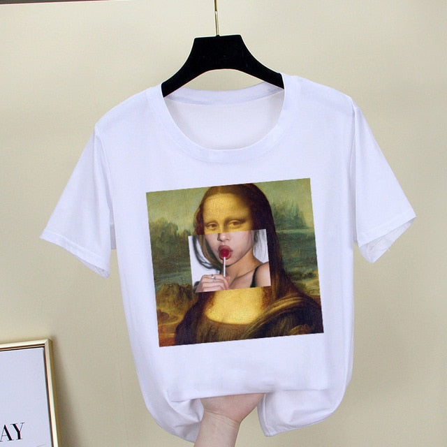 Mona Lisa T shirt Women spoof personality fashion Tshirt summer 2019 Harajuku aesthetics Short Sleeve White Tops Female T-shirt