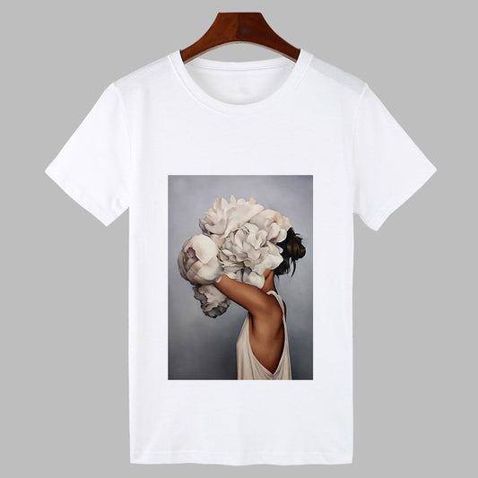 2019 Sexy Flowers Feather Print Harajuku T shirt Women Fashion Tshirt O-neck Short Sleeve T-shirt White Tops Female Clothing