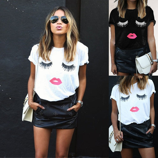 T shirt women 2019 new arrival women's clothing printing short sleeve T-shirt eyelash + red lip design tshirt vestidosLX1005