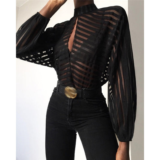 New Fashion Women's O Neck Long Sleeve Hollow Out T Shirt Sheer Mesh Striped Tee Shirt Ladies Sexy Loose Black Tops Summer