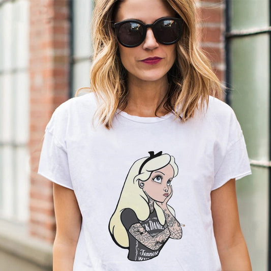 2019 New Arrivals Bad Gift Tattooed Princesses Printed T Shirts Women Casual Slim White Tee Short Sleeve Tops Fashion Streetwear