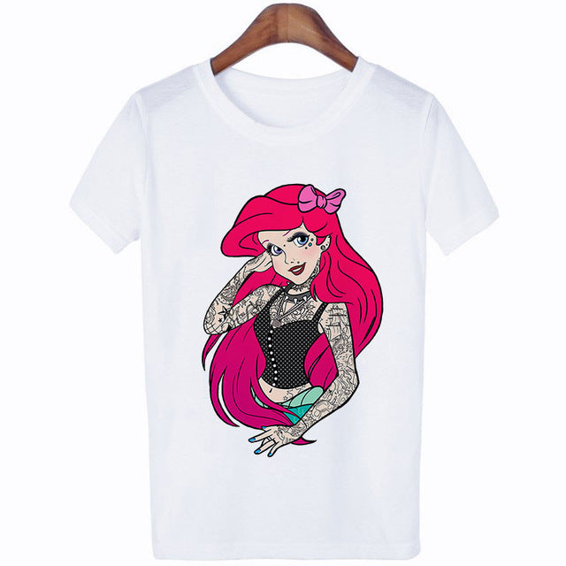 2019 New Arrivals Bad Gift Tattooed Princesses Printed T Shirts Women Casual Slim White Tee Short Sleeve Tops Fashion Streetwear