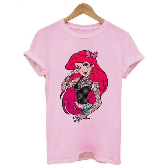 2019 New Arrivals Bad Gift Tattooed Princesses Printed T Shirts Women Casual Slim White Tee Short Sleeve Tops Fashion Streetwear