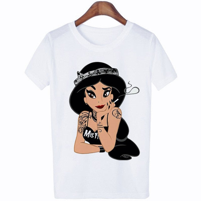 2019 New Arrivals Bad Gift Tattooed Princesses Printed T Shirts Women Casual Slim White Tee Short Sleeve Tops Fashion Streetwear