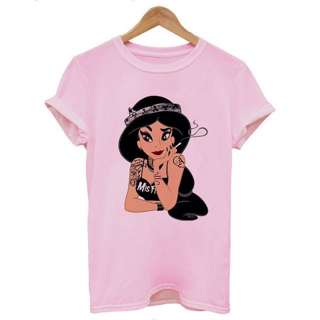 2019 New Arrivals Bad Gift Tattooed Princesses Printed T Shirts Women Casual Slim White Tee Short Sleeve Tops Fashion Streetwear