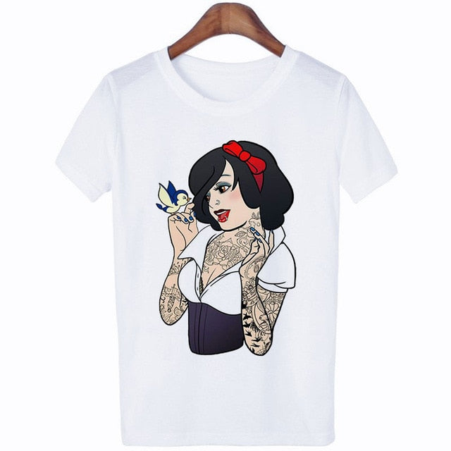 2019 New Arrivals Bad Gift Tattooed Princesses Printed T Shirts Women Casual Slim White Tee Short Sleeve Tops Fashion Streetwear
