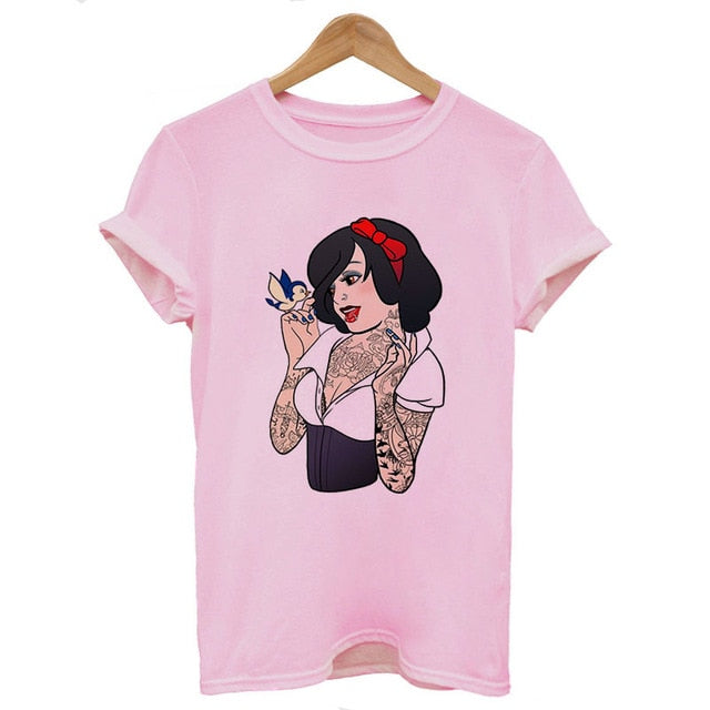 2019 New Arrivals Bad Gift Tattooed Princesses Printed T Shirts Women Casual Slim White Tee Short Sleeve Tops Fashion Streetwear