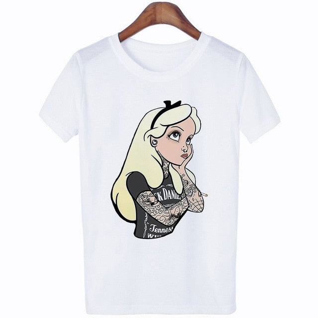 2019 New Arrivals Bad Gift Tattooed Princesses Printed T Shirts Women Casual Slim White Tee Short Sleeve Tops Fashion Streetwear