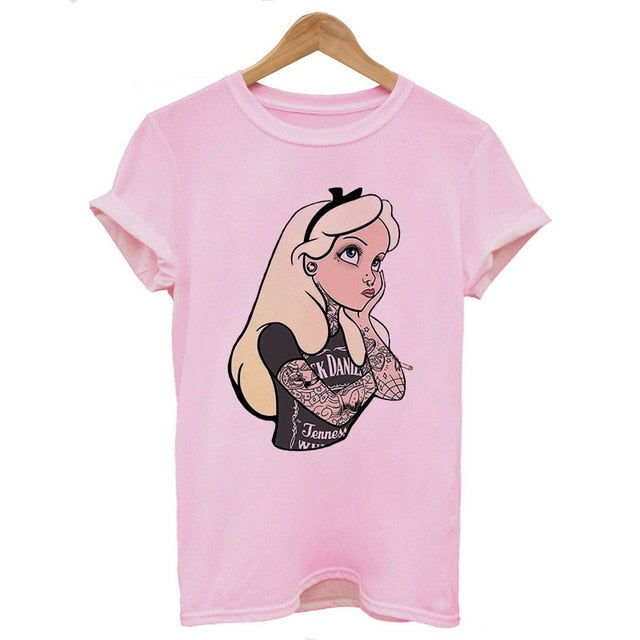 2019 New Arrivals Bad Gift Tattooed Princesses Printed T Shirts Women Casual Slim White Tee Short Sleeve Tops Fashion Streetwear