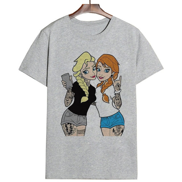 2019 New Arrivals Bad Gift Tattooed Princesses Printed T Shirts Women Casual Slim White Tee Short Sleeve Tops Fashion Streetwear