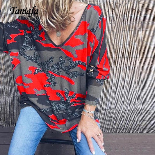Taniafa 2019 New Fashion Women V Neck Long Sleeve T Shirts Casual Autumn Camouflage Print Loose Tops Shirts Plus Size