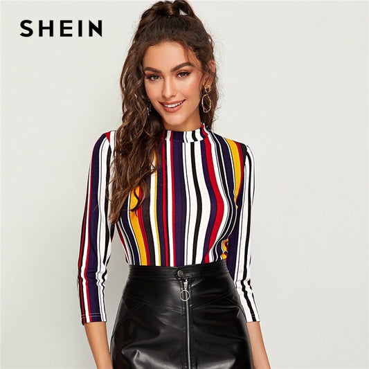 SHEIN T-shirt rayé multicolore à col montant et manches 3/4 pour femme, haut élégant à rayures, pour le bureau, automne