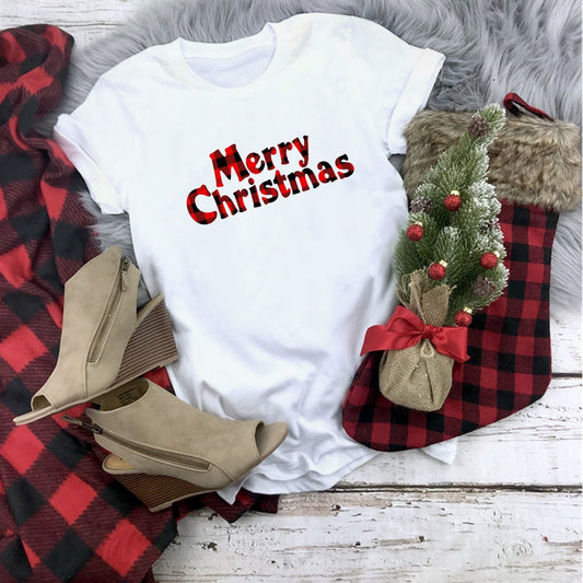 Plaid Merry Christmas T Shirt Women Fashion Graphic Cute Tee Kawaii TShirt Fashion Hipster Christmas Party Style Tumblr Shirt